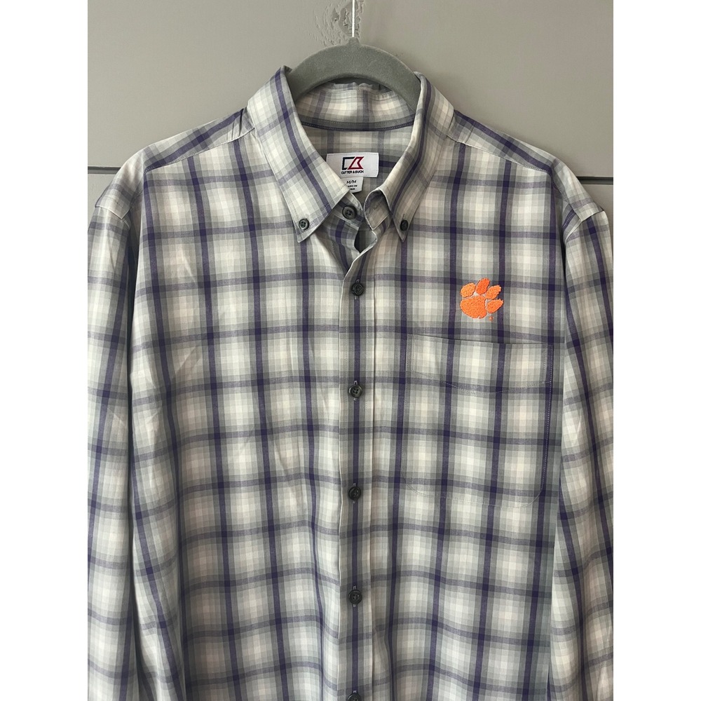 Cutter &‎ Buck Mens Clemson Tigers Plaid Button Down Shirt Purple Grey Medium